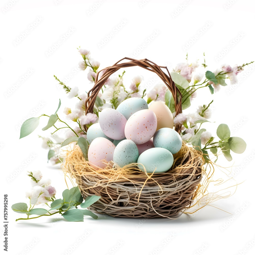 Happy Easter. Basket with colored Easter eggs and spring flowers on a white background Happy Easter. Basket with colored Easter eggs and spring flowers on a white background
