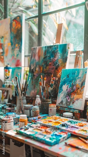 Bright artist studio with paints, brushes, canvases.