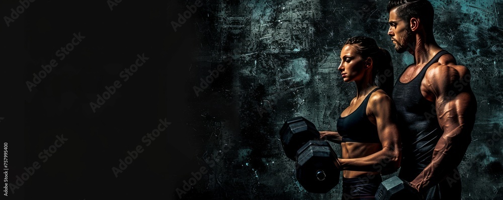 Man and woman lifting weights, dark backdrop.