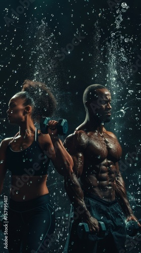Man and woman lifting weights, dark backdrop.
