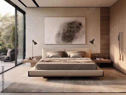  modern bedroom that serves as a sanctuary of calm and minimalist luxury. This space is designed with a refined aesthetic, featuring a monochromatic color scheme with subtle textures and sophisticated
