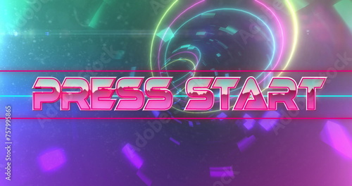 Image of press start text over neon tunnel on black background