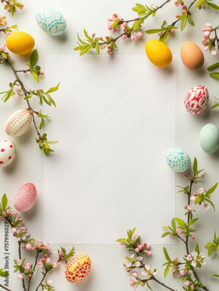 Easter holiday border and frame template. Happy Easter Day. Elegant egg and paper blank in center. Beautiful flower. Branding mock up, holiday marketing concept. soft color background