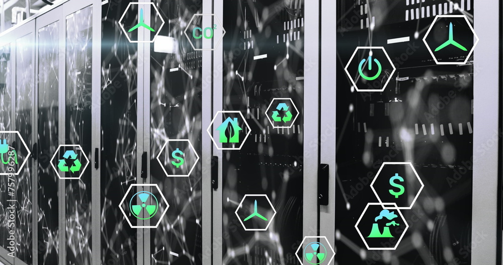 Image of multiple icons over connected dots on data server systems in ...