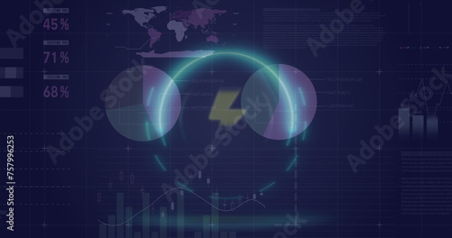 Image of thunder icon in circles over infographic interface against black background