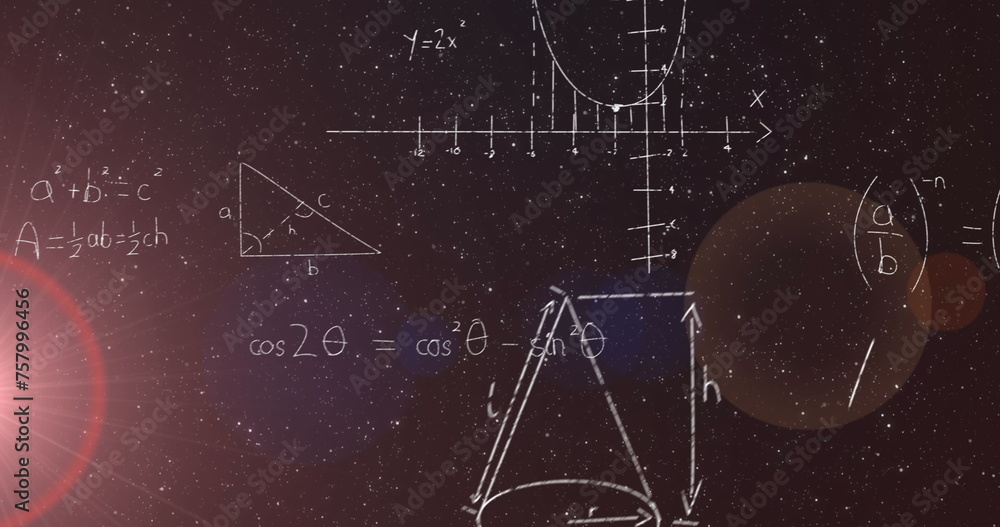 Naklejka premium Image of mathematical equations appearing on moving on night sky with stars in the background