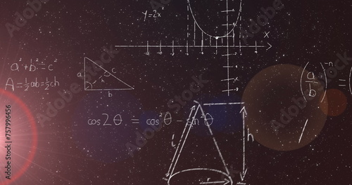 Image of mathematical equations appearing on moving on night sky with stars in the background