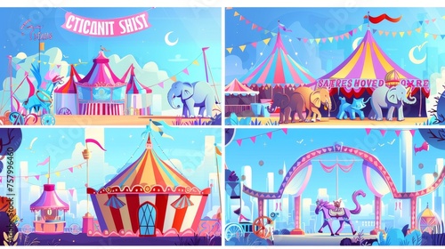 An array of circus show banners, big top tent carnival entertainment with elephants, phoenixes on stage, ice cream booths and carousels. Cartoon modern posters of amusement park invitations, tickets