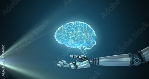 Image of 3d blue glowing human brain rotating with robot arm reaching out on glowing blue background