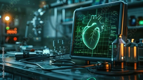 Bioprinted Heart Data Visualized on Futuristic ECG Machine in Dimly Lit Lab