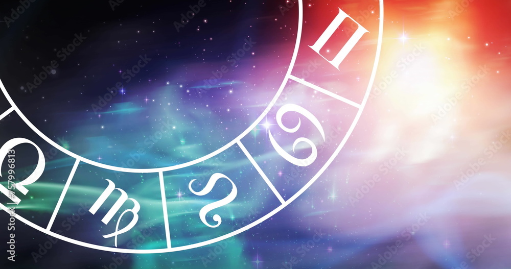 Fototapeta premium Image of gemini star sign symbol in spinning horoscope wheel over glowing stars