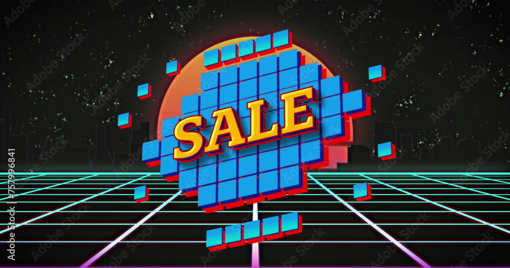 Naklejka premium Image of sale text over squares and retro background