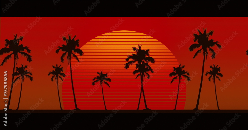 Fototapeta premium Huge sale text over abstract shapes against round banner and palm trees moving on red background