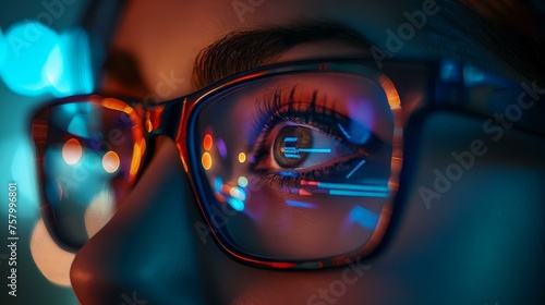 Wallpaper Mural A woman's face is reflected in a pair of glasses. The glasses are red and the woman's eyes are glowing. The image has a dreamy, surreal quality to it, as if the woman is looking into a different world Torontodigital.ca