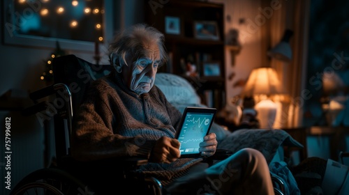 An elderly man is sitting in a wheelchair and using a tablet. Concept of loneliness and isolation, as the man is alone in his room. The tablet may be a source of entertainment or communication for him