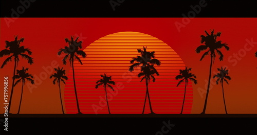 Huge sale text over abstract shapes against round banner and palm trees moving on red background