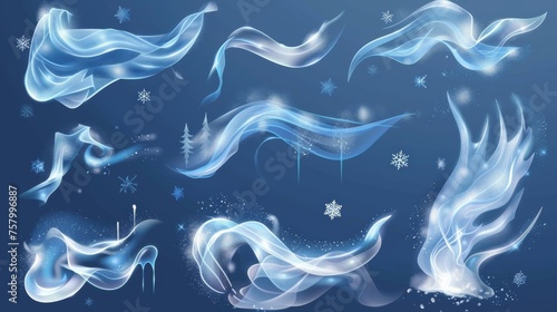Snow blowing in the wind, winter weather icons with white smoke and flying snowflakes. Clipart set of realistic 3d modern isolated snowy smoky stream.