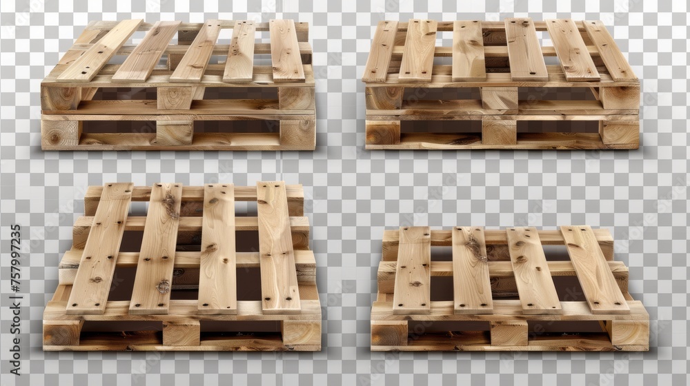 Realistic 3D modern illustration of a wooden pallet front and angle view. Wooden trays for cargo loading and transportation. Realistic 3D modern illustration of warehousing and delivery equipment Realistic 3D modern illustration of a wooden pallet front and angle view. Wooden trays for cargo loading and transportation. Realistic 3D modern illustration of warehousing and delivery equipment