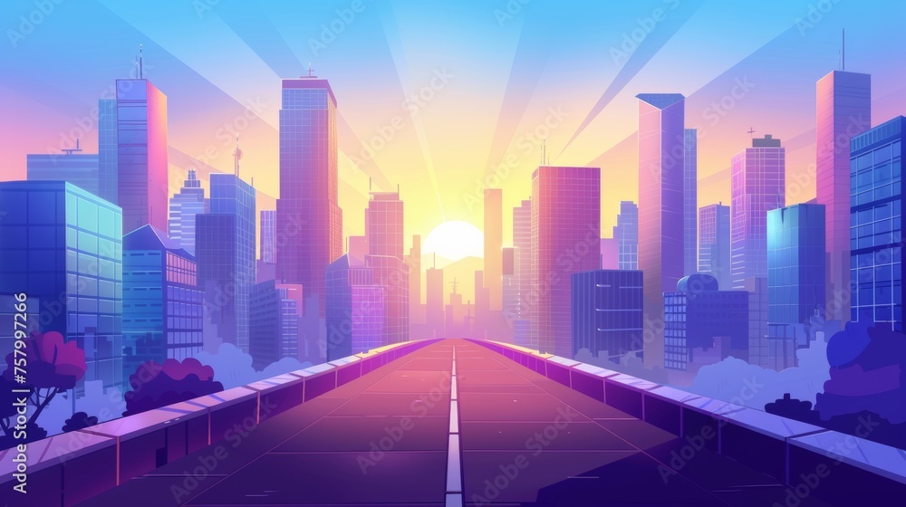 Morning metropolis cityscape with road, houses, town architecture, Cartoon modern illustration of the sunrise in modern city. The sun rises above skyscraper buildings.