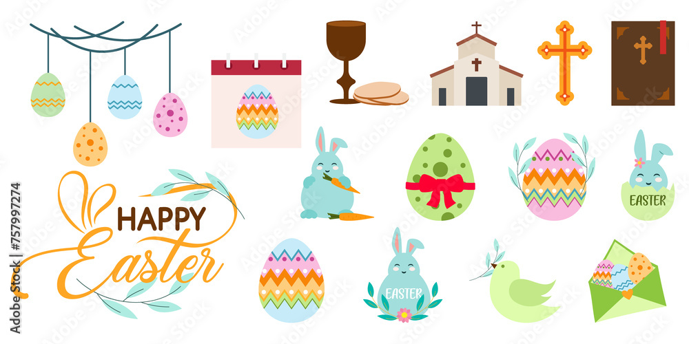 Happy Easter flat icons Vector holiday. Egg decoration, calendar day, rabbit, Easter eggs basket, invitation card, chick. Happy Easter cartoon