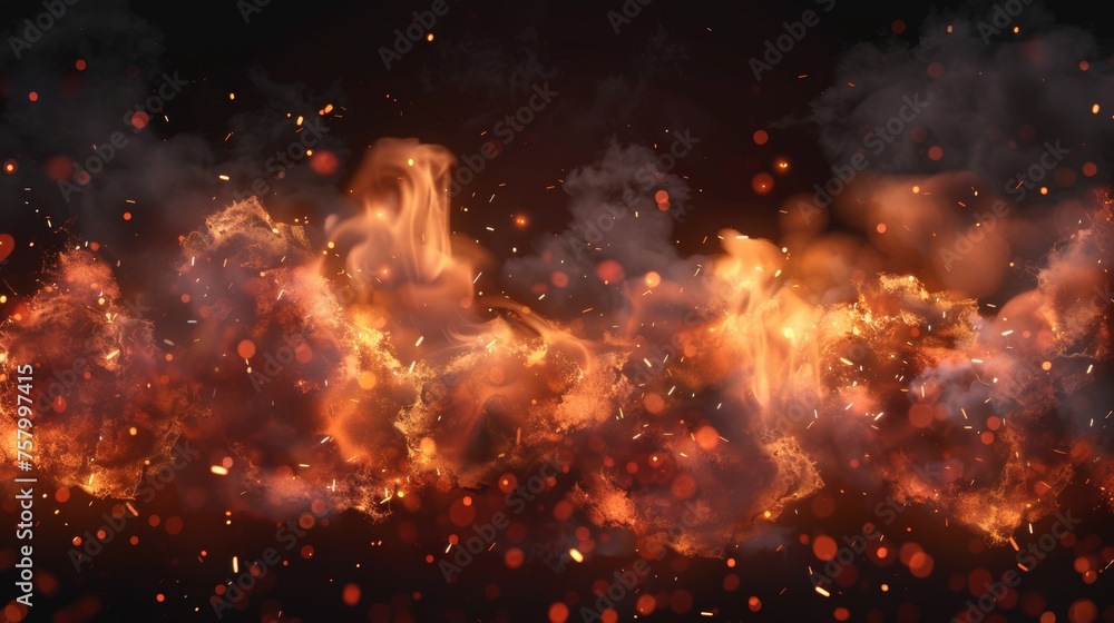 Overlay of fire sparks on a smoke and flame background with a transparent grill heat glow. Illustrator illustration of a realistic flying orange sparkle aerial illustration. Hell bonfire fiery with