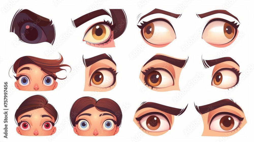 The construction of girls faces, avatar creation with different head parts, isolated on white background. Modern cartoon set of young woman or child eyes, noses, brows, and lips. The construction of girls faces, avatar creation with different head parts, isolated on white background. Modern cartoon set of young woman or child eyes, noses, brows, and lips.