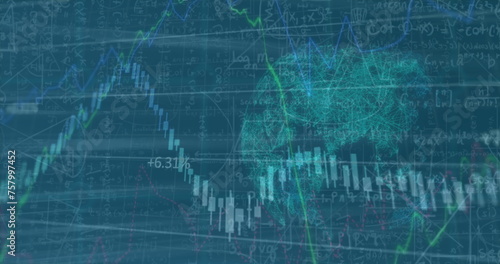 Image of data processing and globe over blue background