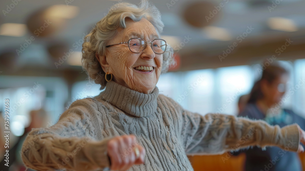 A woman in a colorful shirt is smiling and holding her arms out