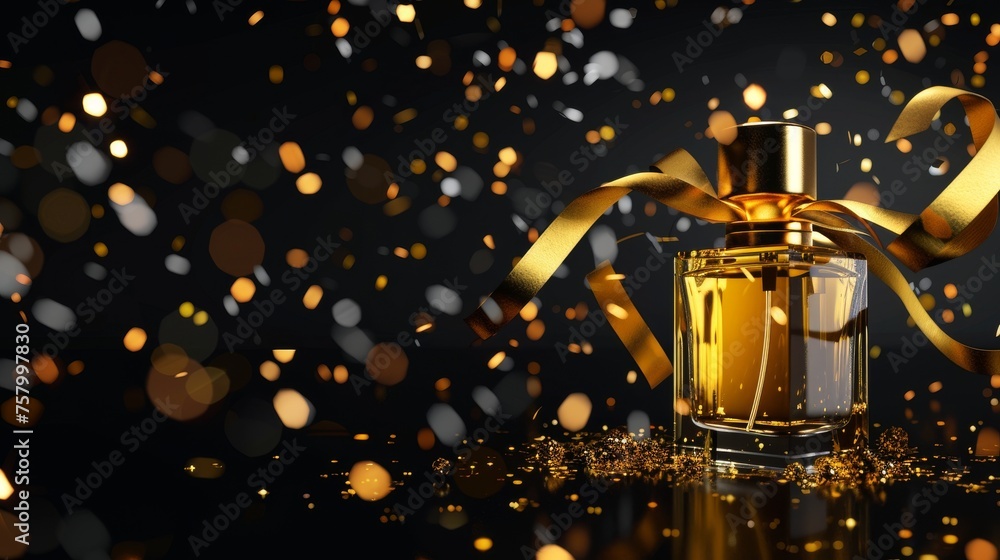 The ad banner of a fragrance cosmetic product includes a gold ribbon, confetti, and sparkling sparkles. The people in the picture are wearing perfume cosmetic products. The ad banner of a fragrance cosmetic product includes a gold ribbon, confetti, and sparkling sparkles. The people in the picture are wearing perfume cosmetic products.