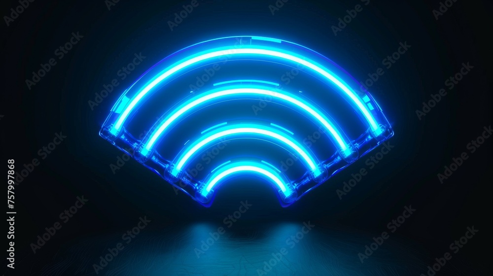 Transparent neon circle symbol for wireless monitoring and protection. A blue electric frequency ring glows in the background to enhance the wireless signal. Transparent neon circle symbol for wireless monitoring and protection. A blue electric frequency ring glows in the background to enhance the wireless signal.