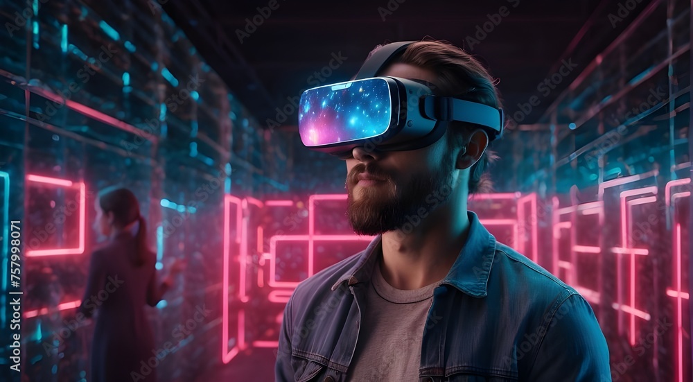 Using virtual reality glasses against a dark background, a young man in a neon light room with multicolored VR glasses. Using virtual reality glasses against a dark background, a young man in a neon light room with multicolored VR glasses.
