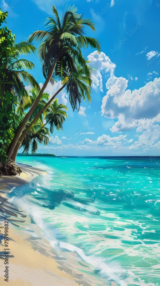 Tropical Caribbean beach paradise with crystal-clear turquoise waters and lush palm trees, perfect for an idyllic summer getaway.
