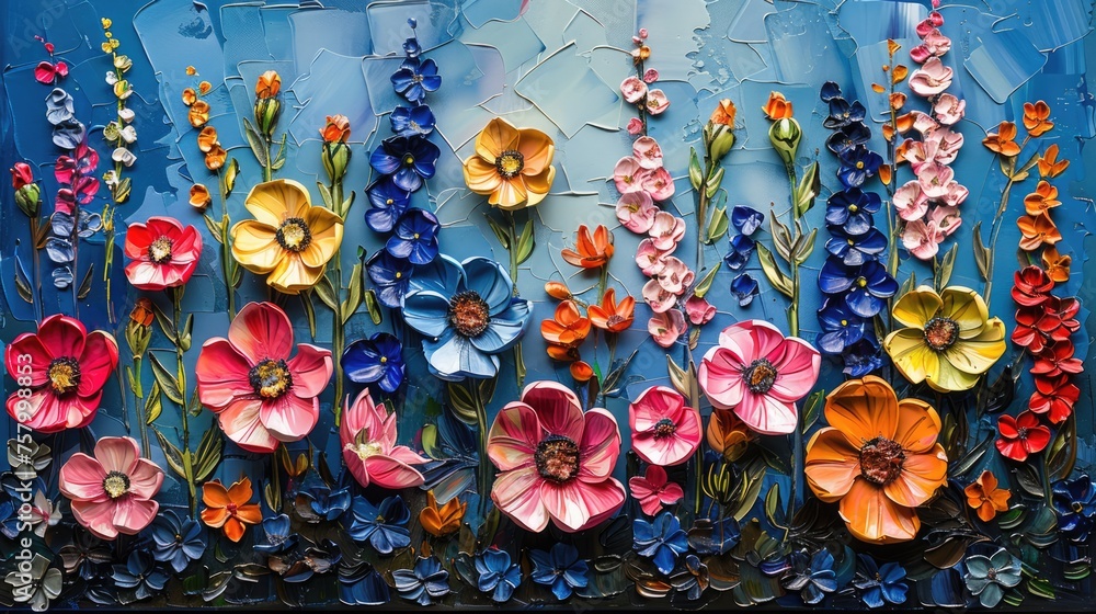 Oil impasto painting of colorful flowers on canvas. Beautiful abstract macro knife painting...