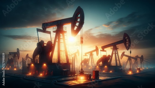 Oil pumps at an oil field, in the golden light from the rising sun. Industrial progress in the natural environment. Oil production. Economic ecological crisis photo