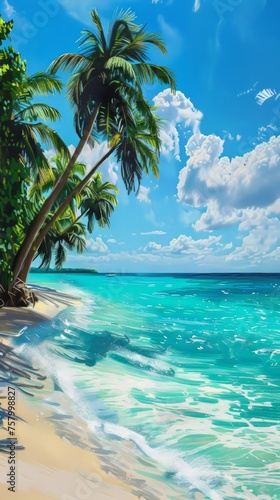 Tropical Caribbean beach paradise with crystal-clear turquoise waters and lush palm trees  perfect for an idyllic summer getaway.