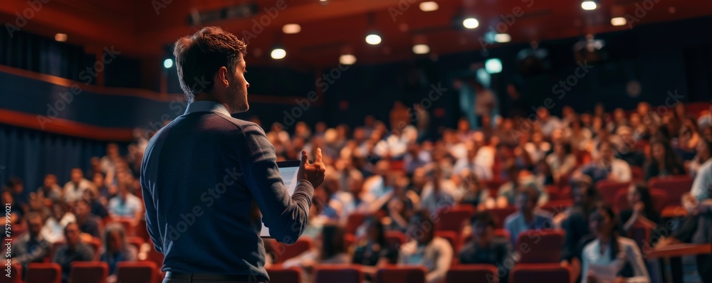 Presenter engaging an audience at a seminar with a captivating presentation. Presenter engaging an audience at a seminar with a captivating presentation.