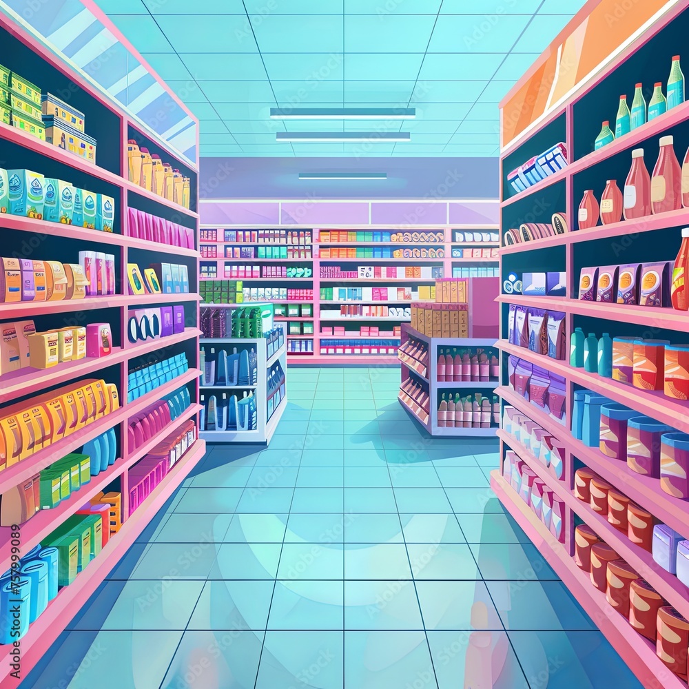 supermarket with colorful shelves, varied assortment of goods. generative ai