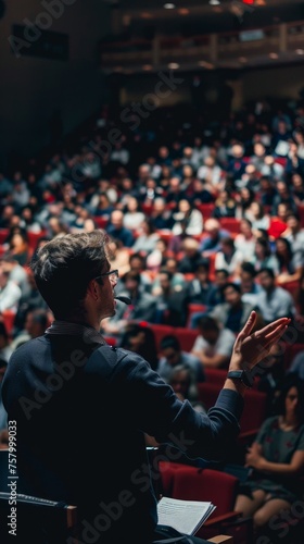 Presenter engaging an audience at a seminar with a captivating presentation. © vadymstock