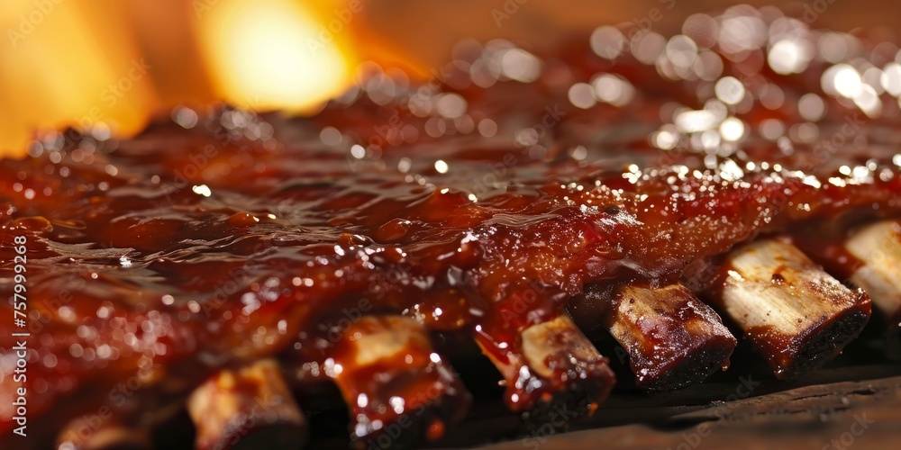 Ribs are being cooked on a grill and are covered in a sauce Ribs are being cooked on a grill and are covered in a sauce