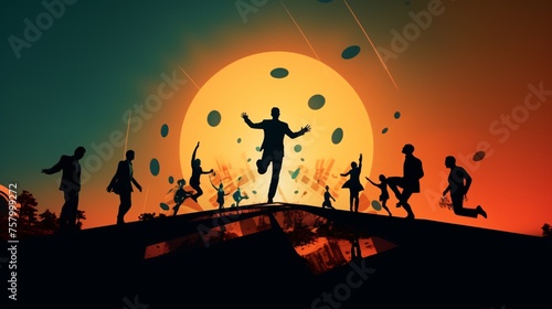 a silhouette of a man jumping on a car roof
