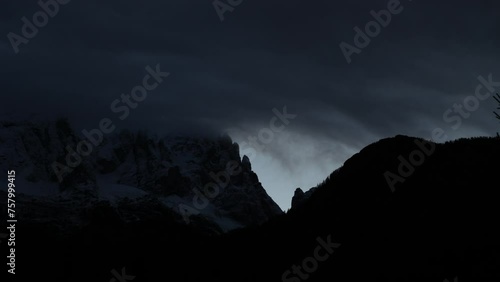 breve ripresa video timelapse che mostra la fase di transizione dalle ultime luci del tramonto alla prima fase di buio, in un ambiente di montagna, mentre le nuvole si spostano lungo un monte photo