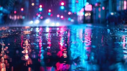 Neon-lit wet street with reflections.