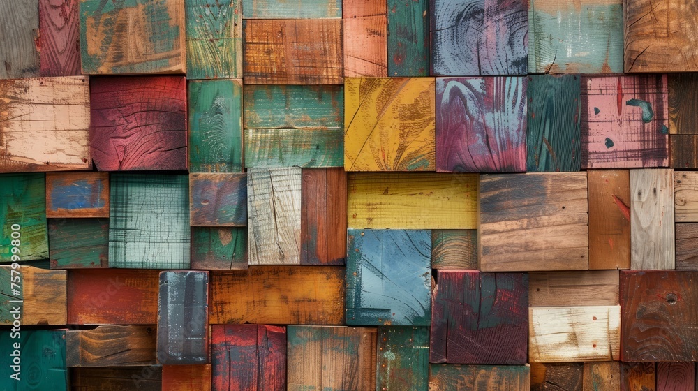 Colorful aged wooden blocks texture, creating an artistic wood grain backdrop. - obrazy, fototapety, plakaty 