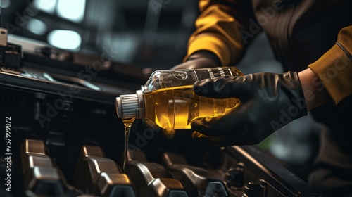 Professional mechanic conducting engine maintenance, adding motor oil to a vehicle