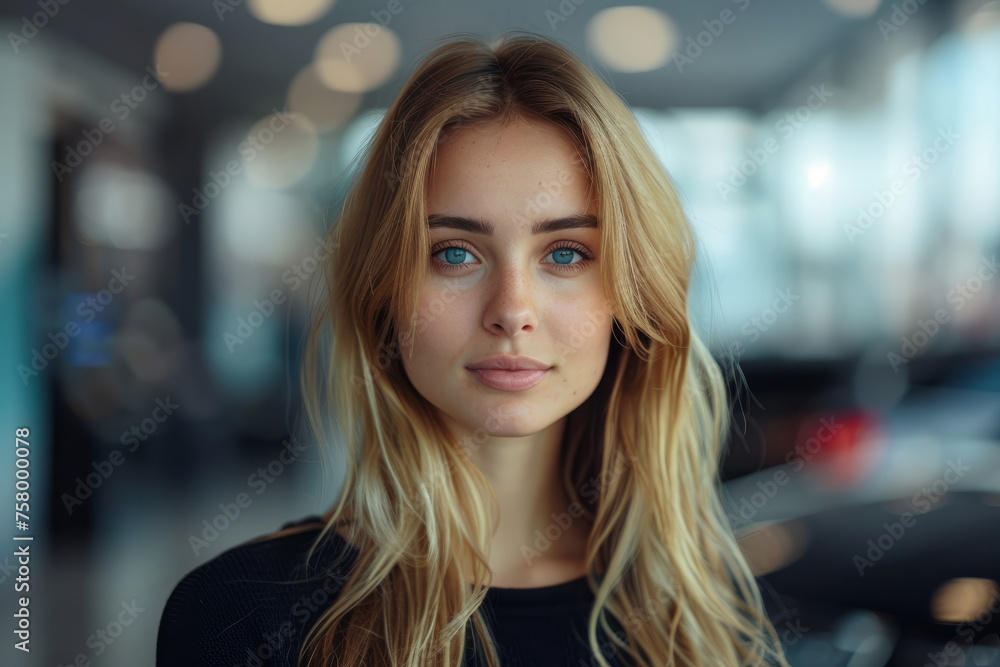 A blonde woman with blue eyes is smiling at the camera. She is wearing a black shirt and her hair is long. young woman portrait in a car showroom A blonde woman with blue eyes is smiling at the camera. She is wearing a black shirt and her hair is long. young woman portrait in a car showroom