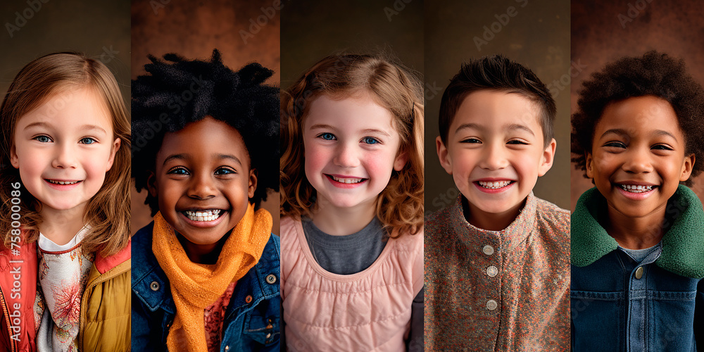 a group of children of primary school age of different nationalities. multicultural friendship, international education	