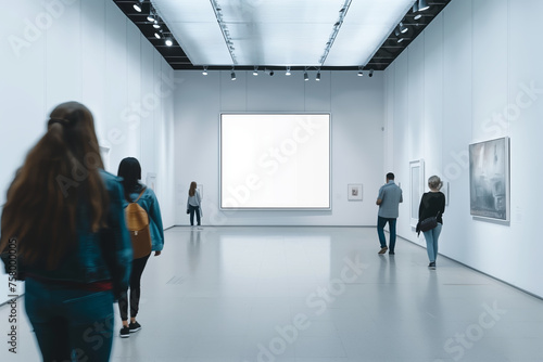 people walking in the art gallery, empty frame on the wall.