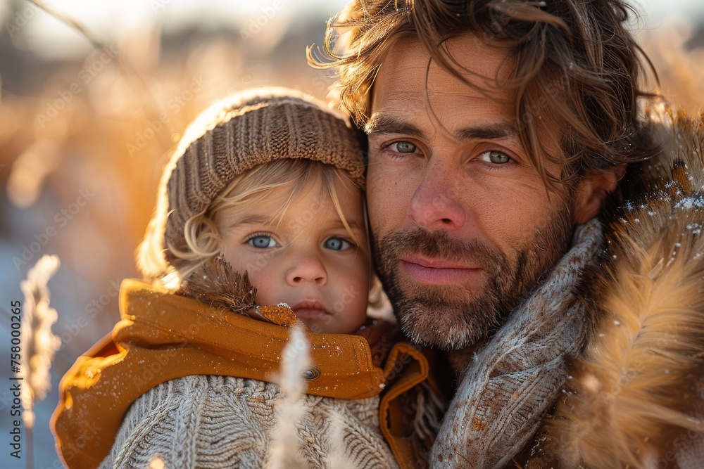 Obraz premium Smiling man with windswept hair and young child in winter clothing share a close moment in a frosty setting