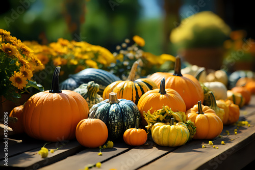 Autumn harvest display with a variety of pumpkins.

Vibrant pumpkin assortment capturing the essence of fall, ideal for seasonal decor themes and harvest festivals. Great for advertisements and festiv photo