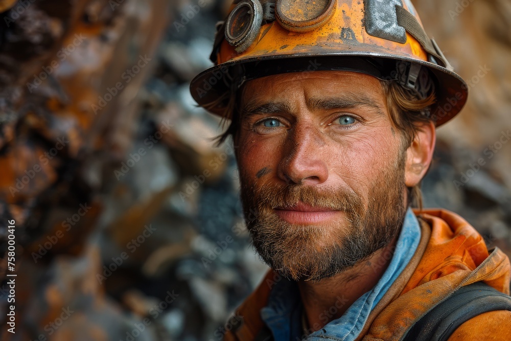 A gritty portrait of a focused miner wearing a hard hat with a headlamp, his face smeared with dust and dirt A gritty portrait of a focused miner wearing a hard hat with a headlamp, his face smeared with dust and dirt